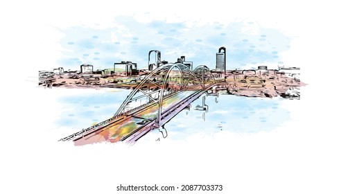 Building view with landmark of Little Rock is the 
city in Arkansas. Watercolor splash with hand drawn sketch illustration in vector. svg