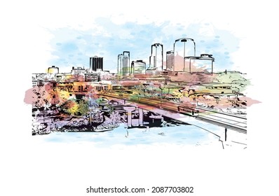 Building view with landmark of Little Rock is the 
city in Arkansas. Watercolor splash with hand drawn sketch illustration in vector.