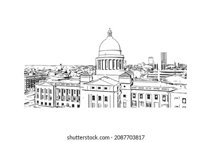 Building view with landmark of Little Rock is the 
city in Arkansas. Hand drawn sketch illustration in vector.