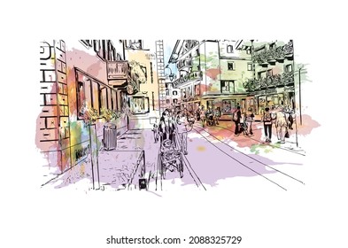 Building view with landmark of Livigno is the 
town in Italy. Watercolor splash with hand drawn sketch illustration in vector.