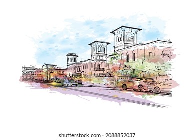 Building view with landmark of Livorno is the 
city in Italy. Watercolor splash with hand drawn sketch illustration 