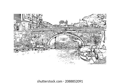 Building view with landmark of Livorno is the 
city in Italy. Hand drawn sketch illustration 