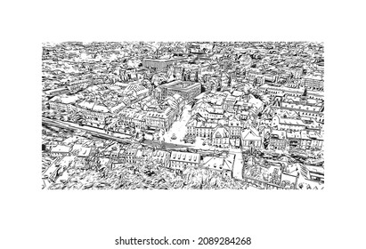 Building view with landmark of Ljubljana is the 
capital in Slovenia. Hand drawn sketch illustration in vector.