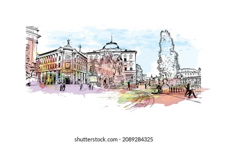 Building view with landmark of Ljubljana is the 
capital in Slovenia. Watercolor splash with hand drawn sketch illustration in vector.