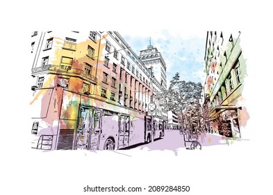 Building view with landmark of Ljubljana is the 
capital in Slovenia. Watercolor splash with hand drawn sketch illustration in vector.