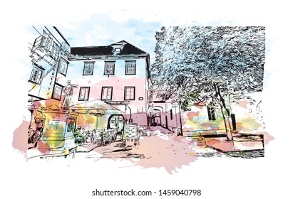 Building view with landmark of Ljubljana is Slovenia's capital and largest city. Watercolor splash with Hand drawn sketch illustration in vector.