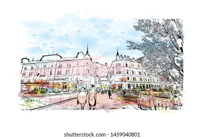 Building view with landmark of Ljubljana is Slovenia's capital and largest city. Watercolor splash with Hand drawn sketch illustration in vector.