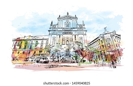 Building view with landmark of Ljubljana is Slovenia's capital and largest city. Watercolor splash with Hand drawn sketch illustration in vector.