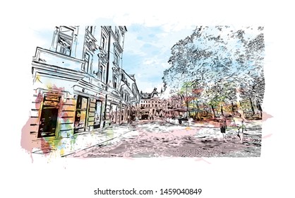 Building view with landmark of Ljubljana is Slovenia's capital and largest city. Watercolor splash with Hand drawn sketch illustration in vector.