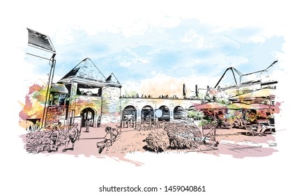 Building view with landmark of Ljubljana is Slovenia's capital and largest city. Watercolor splash with Hand drawn sketch illustration in vector.