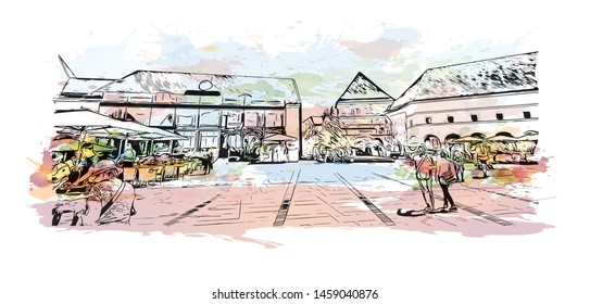Building view with landmark of Ljubljana is Slovenia's capital and largest city. Watercolor splash with Hand drawn sketch illustration in vector.