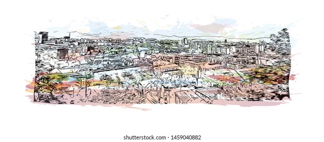 Building view with landmark of Ljubljana is Slovenia's capital and largest city. Watercolor splash with Hand drawn sketch illustration in vector.