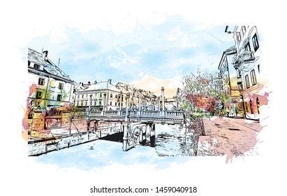 Building view with landmark of Ljubljana is Slovenia's capital and largest city. Watercolor splash with Hand drawn sketch illustration in vector.