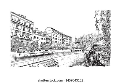 Building view with landmark of Ljubljana is Slovenia's capital and largest city. Hand drawn sketch illustration in vector.