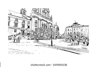 Building view with landmark of Ljubljana is Slovenia's capital and largest city. Hand drawn sketch illustration in vector.