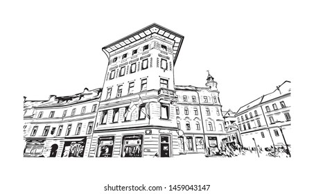 Building view with landmark of Ljubljana is Slovenia's capital and largest city. Hand drawn sketch illustration in vector.