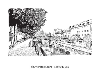 Building view with landmark of Ljubljana is Slovenia's capital and largest city. Hand drawn sketch illustration in vector.