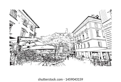 Building view with landmark of Ljubljana is Slovenia's capital and largest city. Hand drawn sketch illustration in vector.