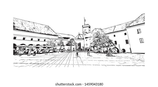 Building view with landmark of Ljubljana is Slovenia's capital and largest city. Hand drawn sketch illustration in vector.