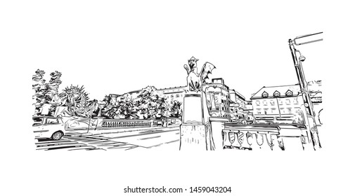 Building view with landmark of Ljubljana is Slovenia's capital and largest city. Hand drawn sketch illustration in vector.