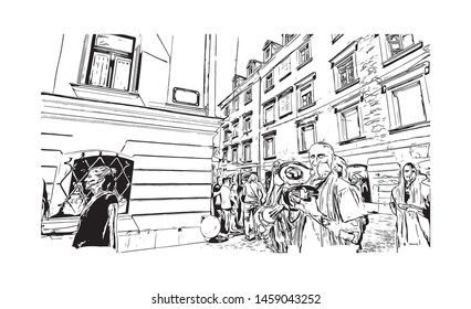 Building view with landmark of Ljubljana is Slovenia's capital and largest city. Hand drawn sketch illustration in vector.