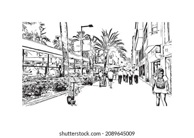 Building view with landmark of Lloret de Mar is the 
town in Spain. Hand drawn sketch illustration in vector.