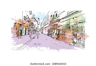 Building view with landmark of Lloret de Mar is the 
town in Spain. Watercolor splash with hand drawn sketch illustration in vector.
