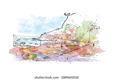 Las vistas al edificio con un punto de referencia de Lloret de Mar son 
ciudad de España. Salto de color de agua con ilustración de esbozo dibujada a mano en vector.