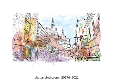 Building view with landmark of Lloret de Mar is the 
town in Spain. Watercolor splash with hand drawn sketch illustration in vector.