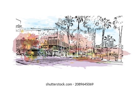 Las vistas al edificio con un punto de referencia de Lloret de Mar son 
ciudad de España. Salto de color de agua con ilustración de esbozo dibujada a mano en vector.