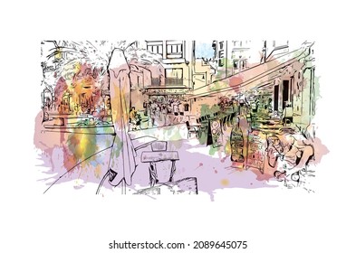 Building view with landmark of Lloret de Mar is the 
town in Spain. Watercolor splash with hand drawn sketch illustration in vector.