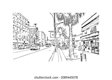 Der Ausblick auf das Gebäude mit Wahrzeichen von Lloret de Mar ist der 
Stadt in Spanien. Handgezeichnete Skizzengrafik in Vektorgrafik.