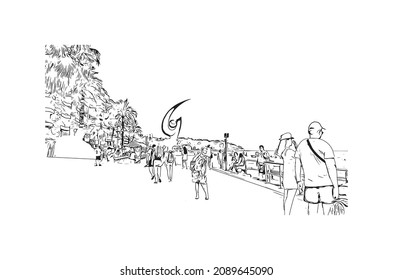 Der Ausblick auf das Gebäude mit Wahrzeichen von Lloret de Mar ist der 
Stadt in Spanien. Handgezeichnete Skizzengrafik in Vektorgrafik.