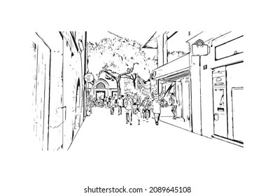 Building view with landmark of Lloret de Mar is the 
town in Spain. Hand drawn sketch illustration in vector.
