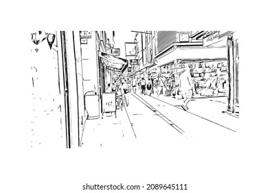 Building view with landmark of Lloret de Mar is the 
town in Spain. Hand drawn sketch illustration in vector.