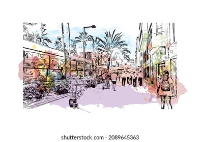Building view with landmark of Lloret de Mar is the 
town in Spain. Watercolor splash with hand drawn sketch illustration in vector.