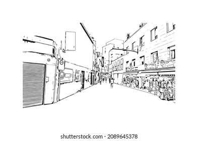 Las vistas al edificio con un punto de referencia de Lloret de Mar son 
ciudad de España. Dibujo a mano de ilustración de esbozo en vector.