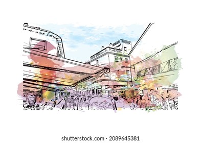 Building view with landmark of Lloret de Mar is the 
town in Spain. Watercolor splash with hand drawn sketch illustration in vector.