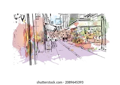 Building view with landmark of Lloret de Mar is the 
town in Spain. Watercolor splash with hand drawn sketch illustration in vector.