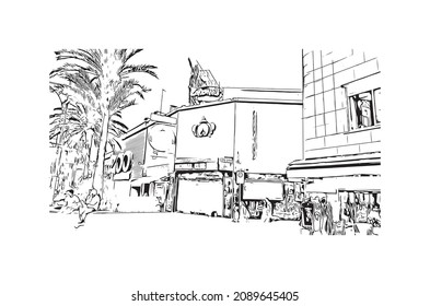 Building view with landmark of Lloret de Mar is the 
town in Spain. Hand drawn sketch illustration in vector.
