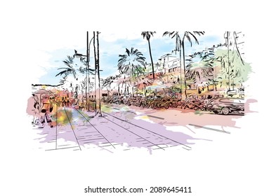 Building view with landmark of Lloret de Mar is the 
town in Spain. Watercolor splash with hand drawn sketch illustration in vector.