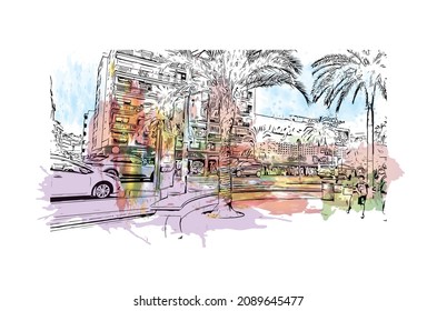 Building view with landmark of Lloret de Mar is the 
town in Spain. Watercolor splash with hand drawn sketch illustration in vector.