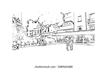 Building view with landmark of Lloret de Mar is the 
town in Spain. Hand drawn sketch illustration in vector.