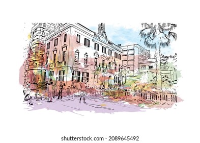 Building view with landmark of Lloret de Mar is the 
town in Spain. Watercolor splash with hand drawn sketch illustration in vector.
