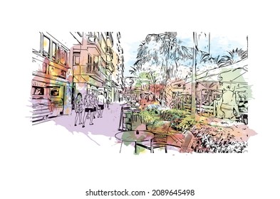 Las vistas al edificio con un punto de referencia de Lloret de Mar son 
ciudad de España. Salto de color de agua con ilustración de esbozo dibujada a mano en vector.