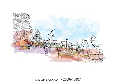 Building view with landmark of Lloret de Mar is the 
town in Spain. Watercolor splash with hand drawn sketch illustration in vector.