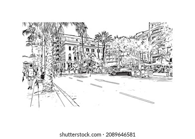 Der Ausblick auf das Gebäude mit Wahrzeichen von Lloret de Mar ist der 
Stadt in Spanien. Handgezeichnete Skizzengrafik in Vektorgrafik.