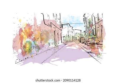 Building view with landmark of Llucmajor is the 
municipality in Spain. Watercolor splash with hand drawn sketch illustration in vector.