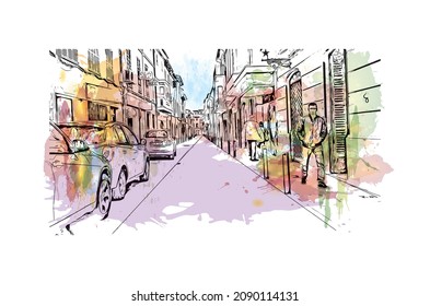 Building view with landmark of Llucmajor is the 
municipality in Spain. Watercolor splash with hand drawn sketch illustration in vector.