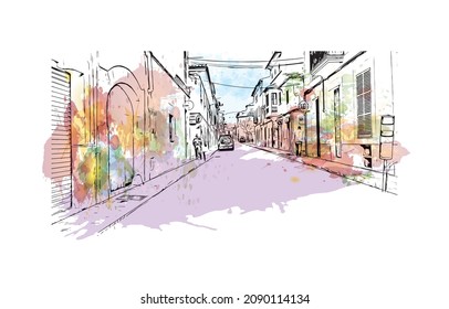 Building view with landmark of Llucmajor is the 
municipality in Spain. Watercolor splash with hand drawn sketch illustration in vector.
